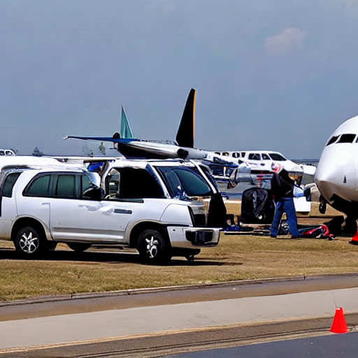 092_Several vehicles with pieces of luggage on them with planes off to the side..png